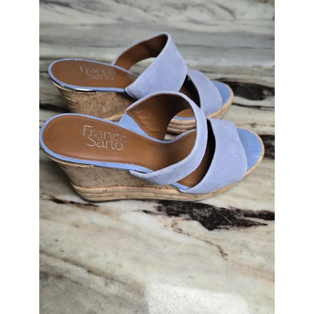 FRANCO SARTO Size 7.5 Light Blue Leather Wedge Heel Sandal Shoes‎ Cork